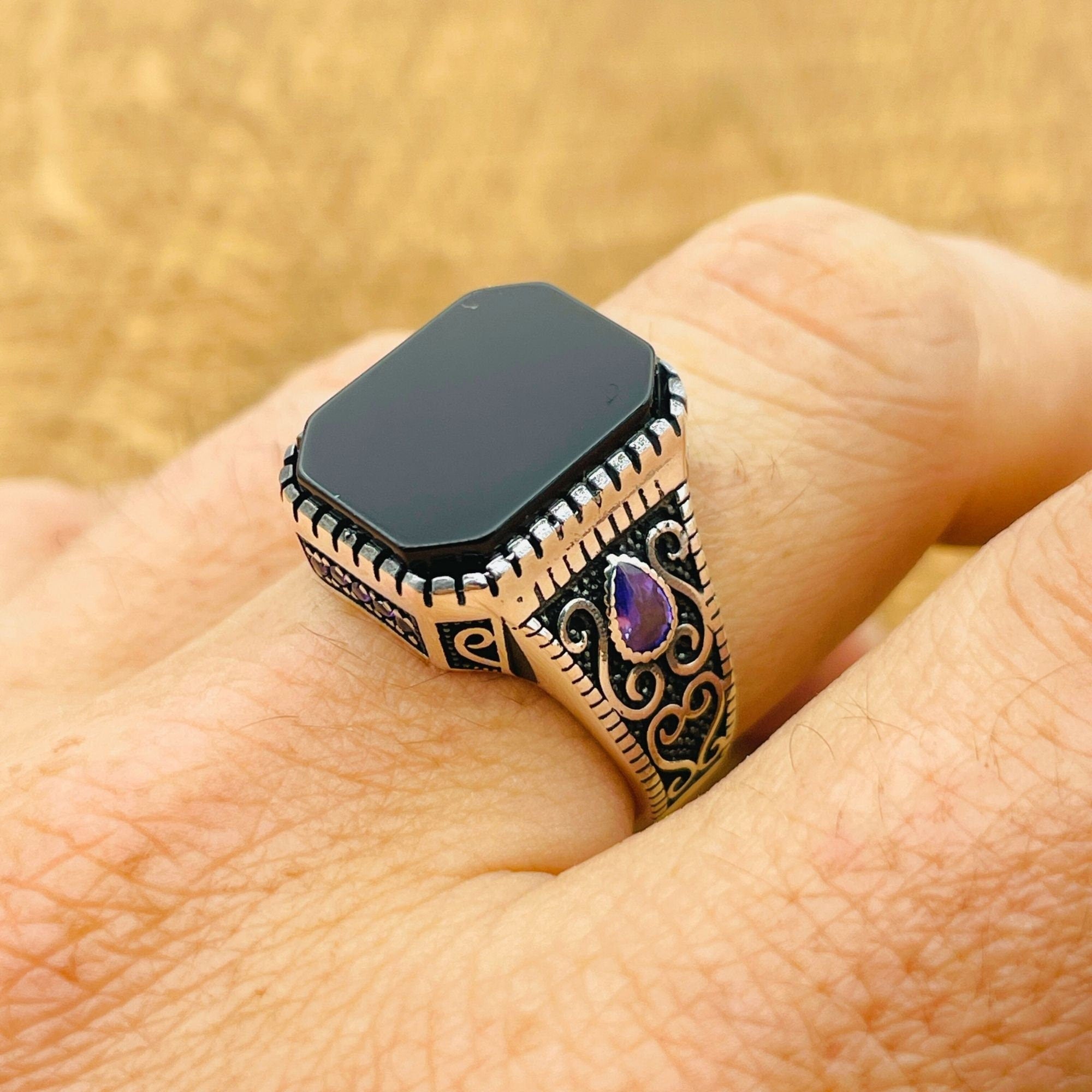 Handmade Turkish 925 Sterling Silver Men's Ring with Genuine Square Black Onyx Gemstone