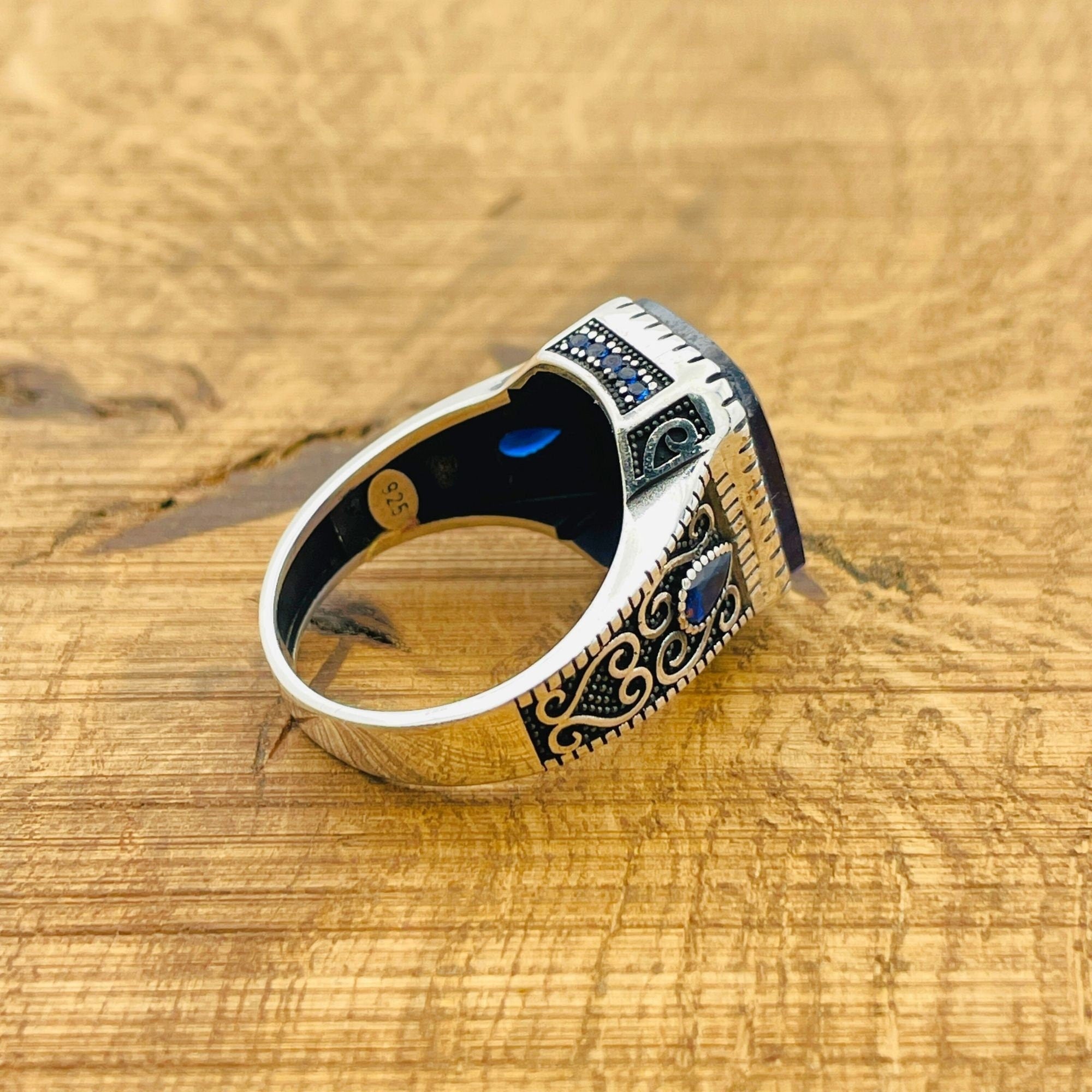 خاتم مربع أزرق من الزركون للرجال من الفضة الإسترلينية التركية المصنوعة يدوياً - مصنوع بحرفية