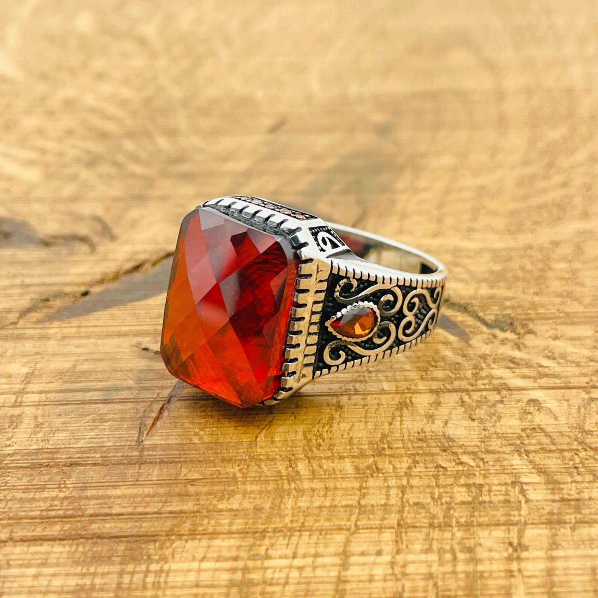 Men's Turkish Handmade Red Zircon 925 Sterling Silver Vintage Ring - Gift For Him
