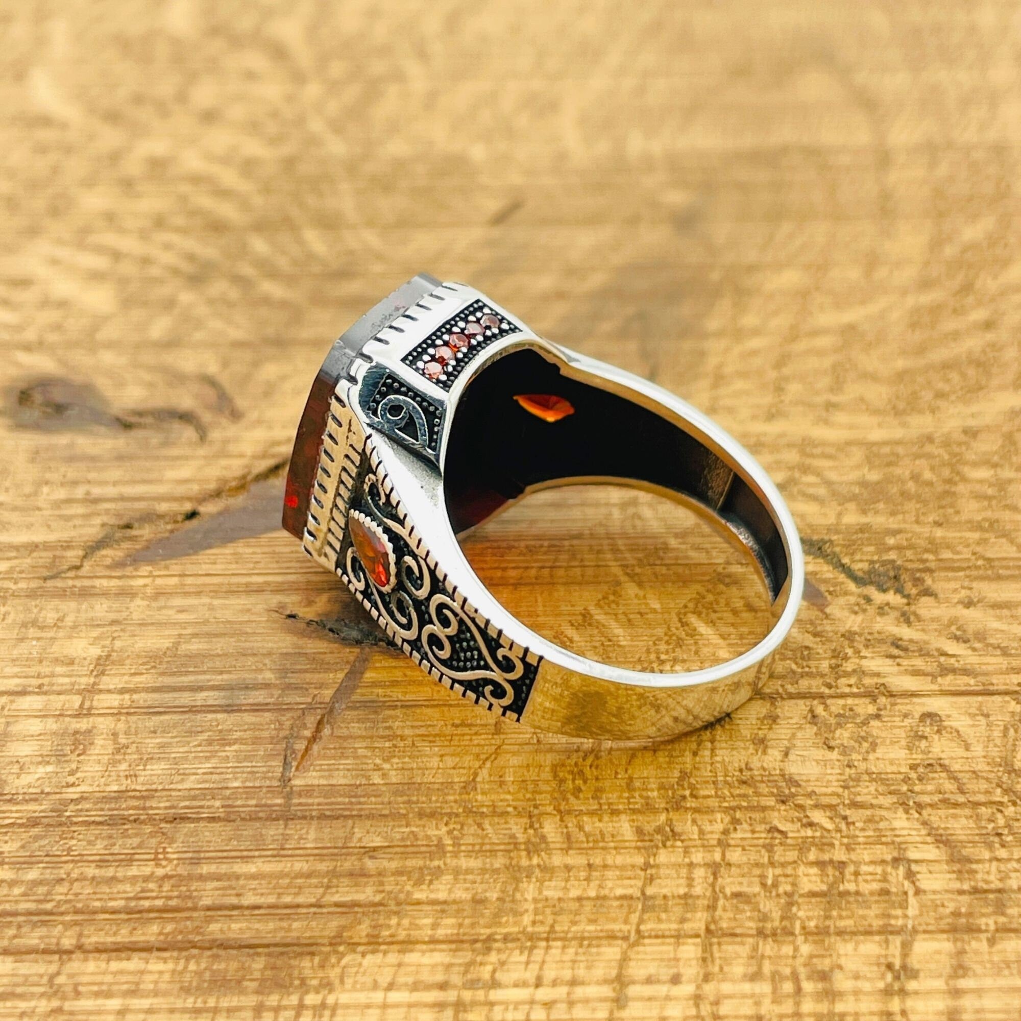 Men's Turkish Handmade Red Zircon 925 Sterling Silver Vintage Ring - Gift For Him