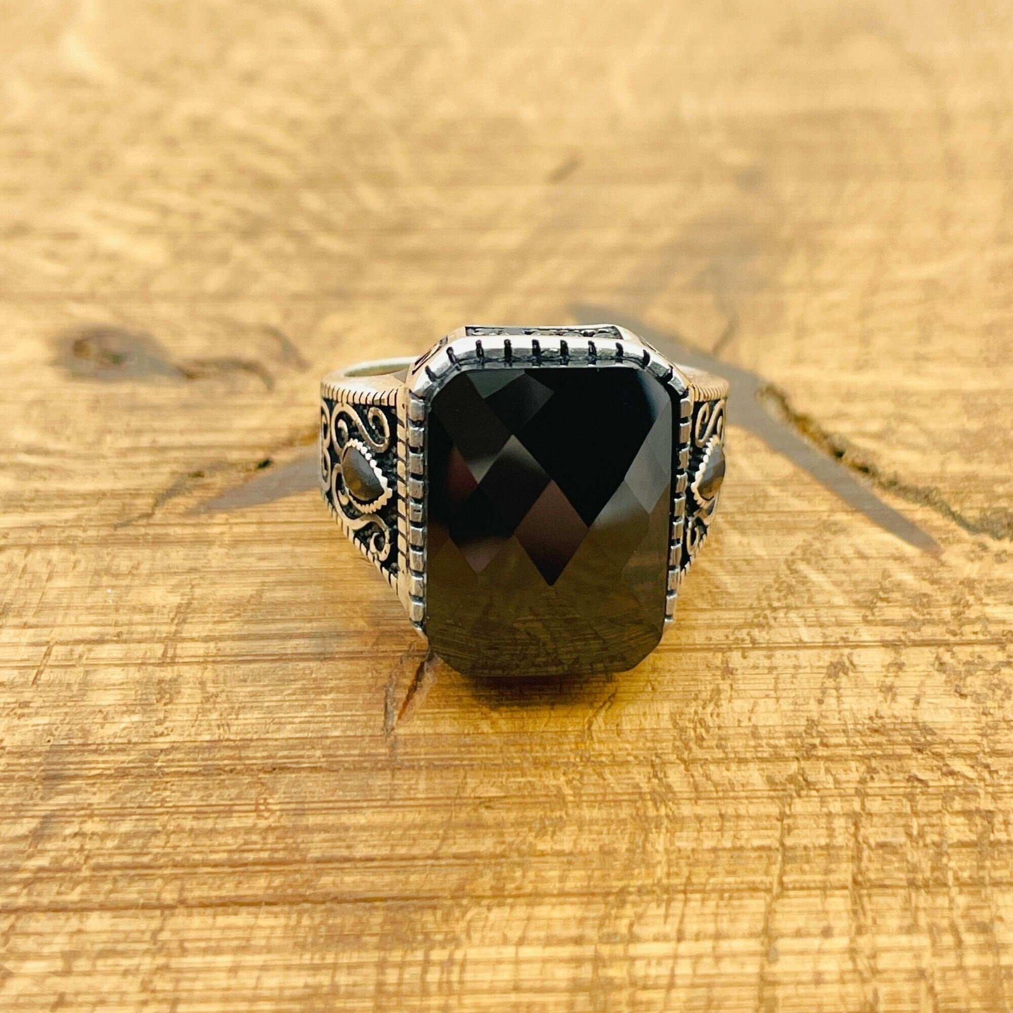 Handcrafted Men's 925 Sterling Silver Black Zircon Ring | Square Cut Gemstone | Gift for Him