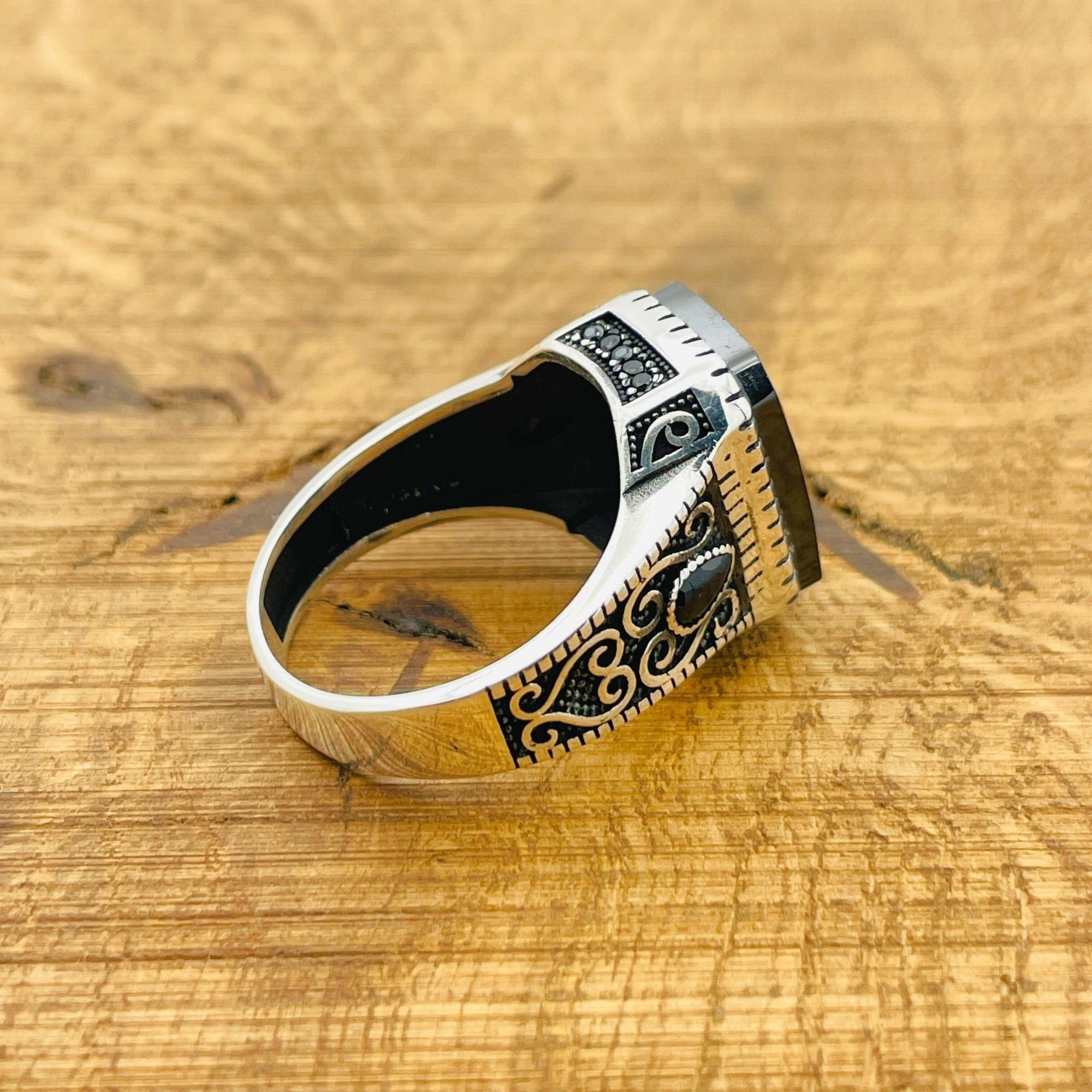 Handcrafted Men's 925 Sterling Silver Black Zircon Ring | Square Cut Gemstone | Gift for Him