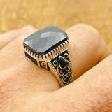 Handcrafted Men's 925 Sterling Silver Black Zircon Ring | Square Cut Gemstone | Gift for Him