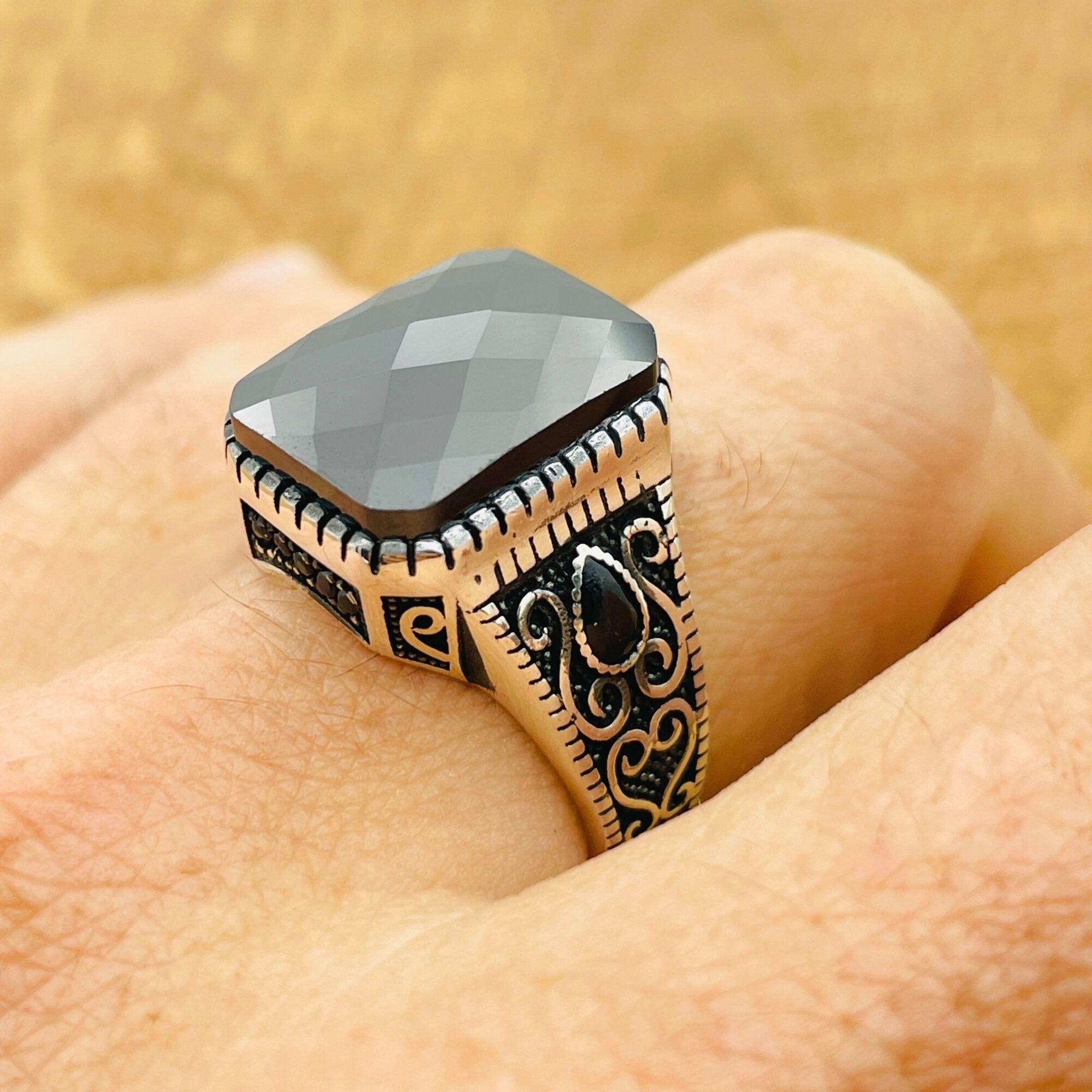 Handcrafted Men's 925 Sterling Silver Black Zircon Ring | Square Cut Gemstone | Gift for Him
