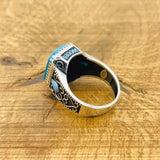 Authentic Turkish Handmade Men's 925 Sterling Silver Ring - Square Blue Turquoise