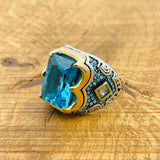 خاتم فضة استرليني 925 مرصع بالأكوامارين للرجال - هدية مجوهرات تركية بسيطة يدوية الصنع