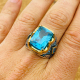 خاتم فضة استرليني 925 مرصع بالأكوامارين للرجال - هدية مجوهرات تركية بسيطة يدوية الصنع