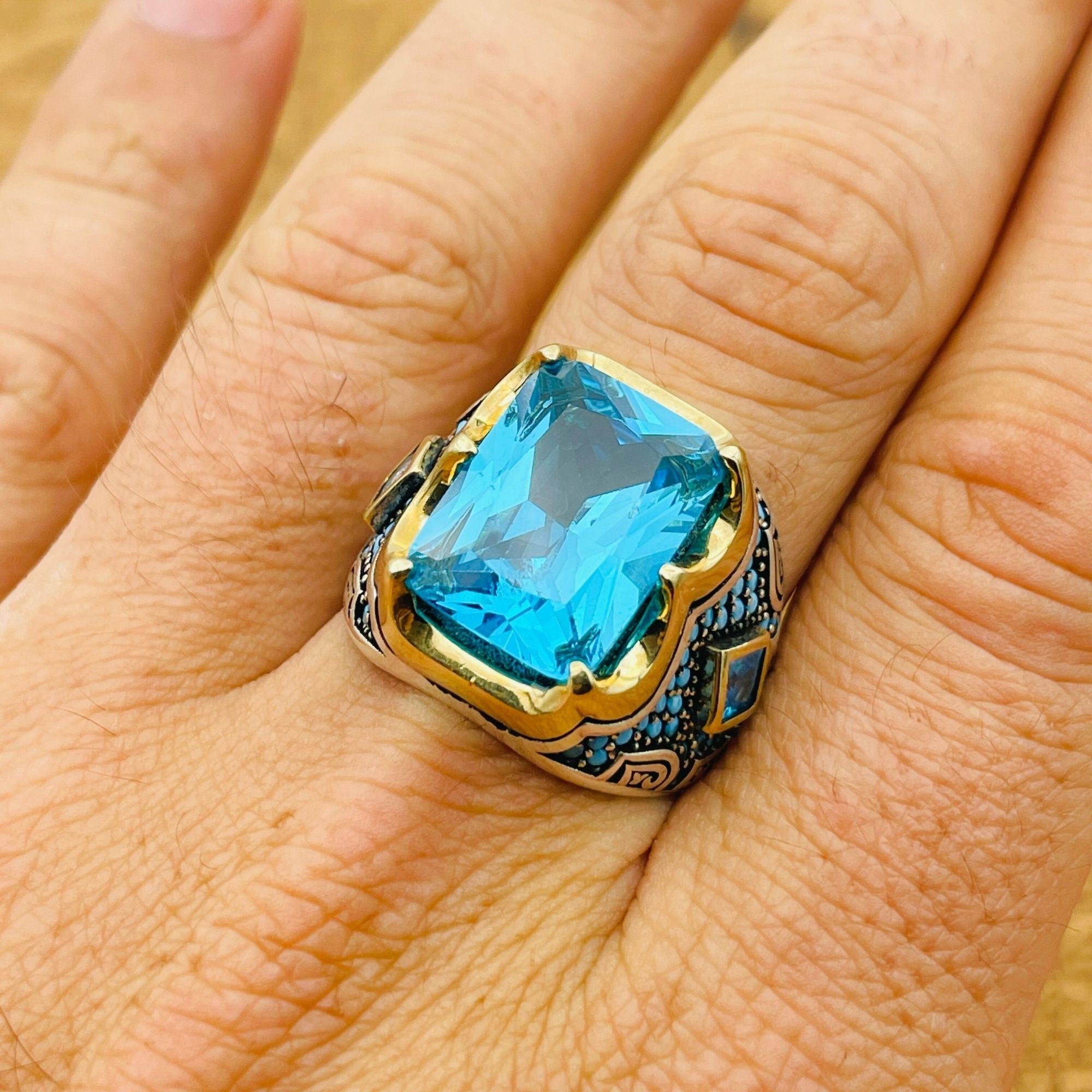 خاتم فضة استرليني 925 مرصع بالأكوامارين للرجال - هدية مجوهرات تركية بسيطة يدوية الصنع