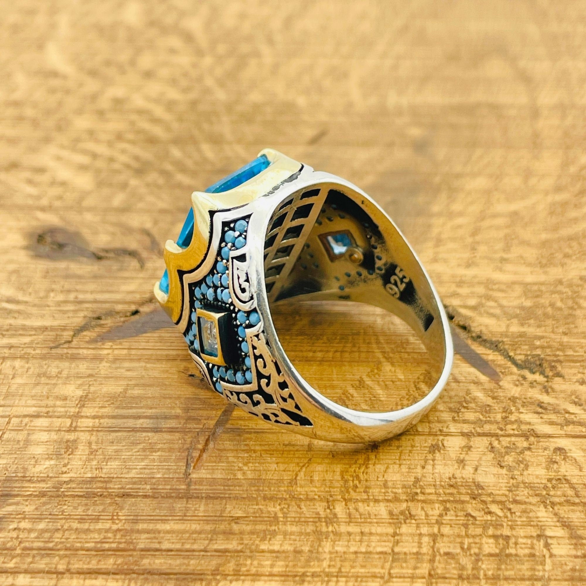 خاتم فضة استرليني 925 مرصع بالأكوامارين للرجال - هدية مجوهرات تركية بسيطة يدوية الصنع