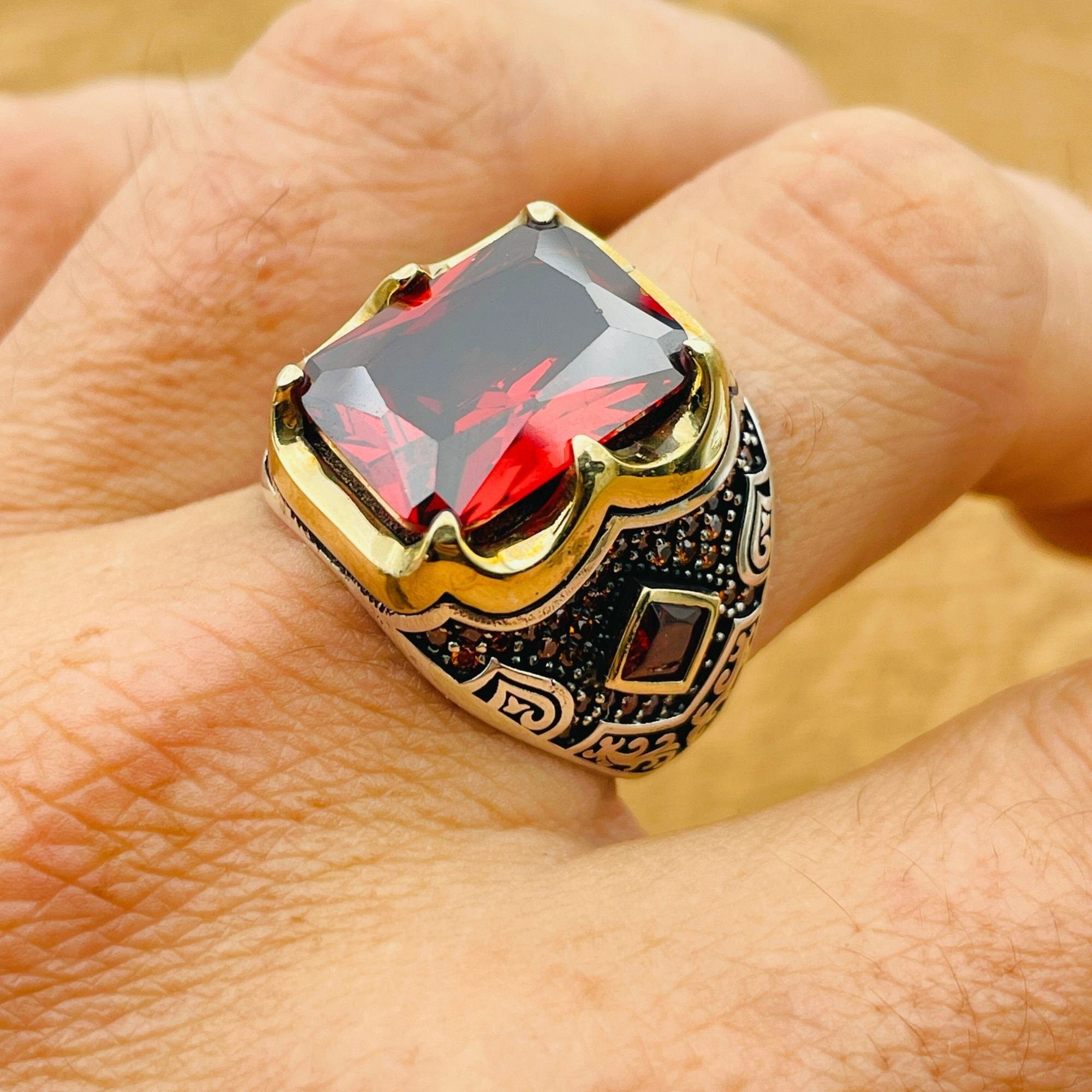 Men's Handcrafted Turkish 925 Sterling Silver Ruby Ring - Bold Red Stone Jewelry