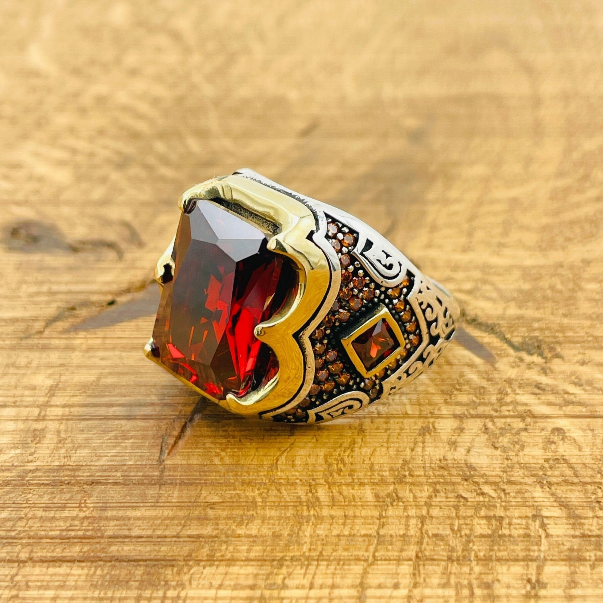 Men's Handcrafted Turkish 925 Sterling Silver Ruby Ring - Bold Red Stone Jewelry