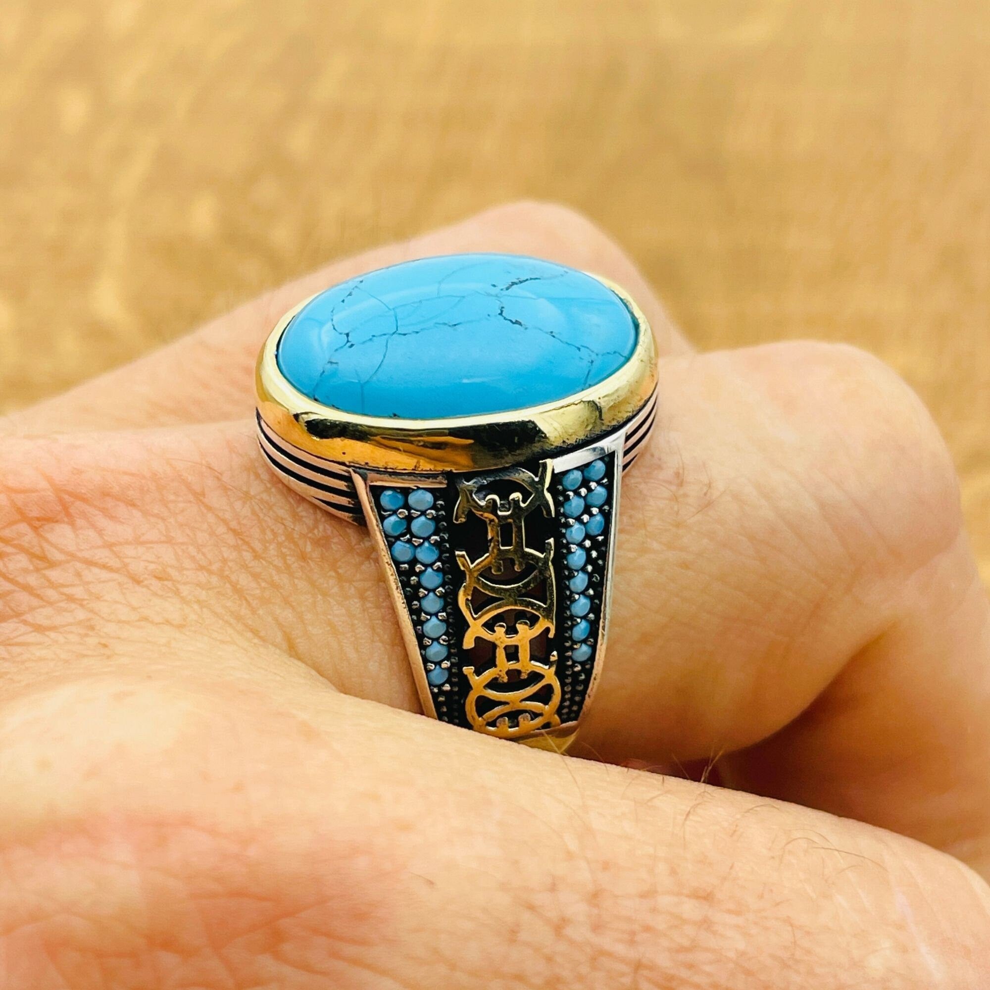 Turkish Handmade Sterling Silver Blue Turquoise Men's Signet Ring - 925 Statement Jewelry Gift