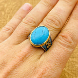 Turkish Handmade Sterling Silver Blue Turquoise Men's Signet Ring - 925 Statement Jewelry Gift