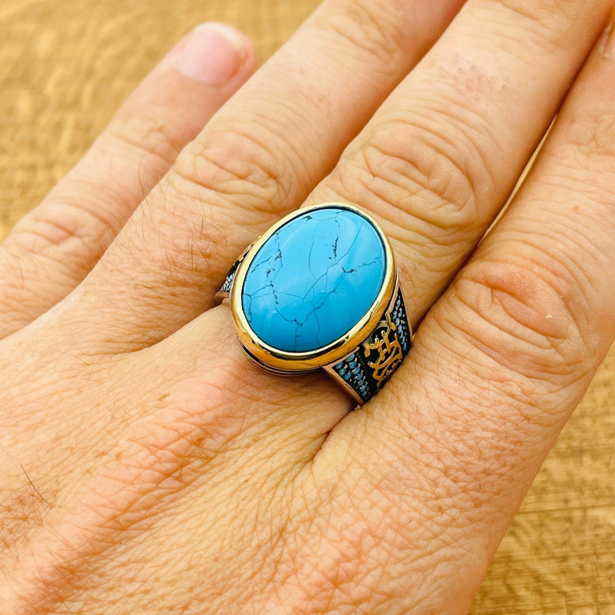 Turkish Handmade Sterling Silver Blue Turquoise Men's Signet Ring - 925 Statement Jewelry Gift