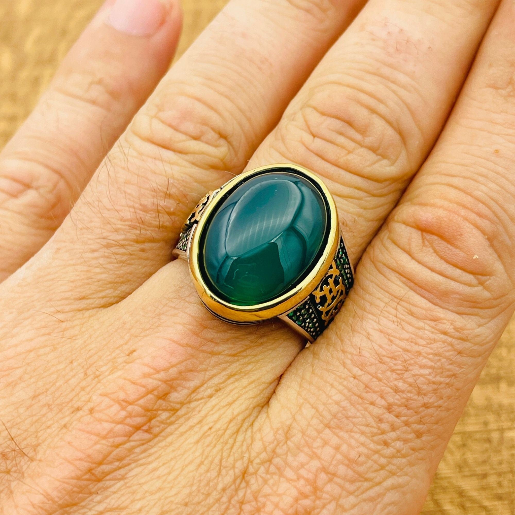 Handcrafted Turkish 925 Sterling Silver Men's Green Agate Signet Ring