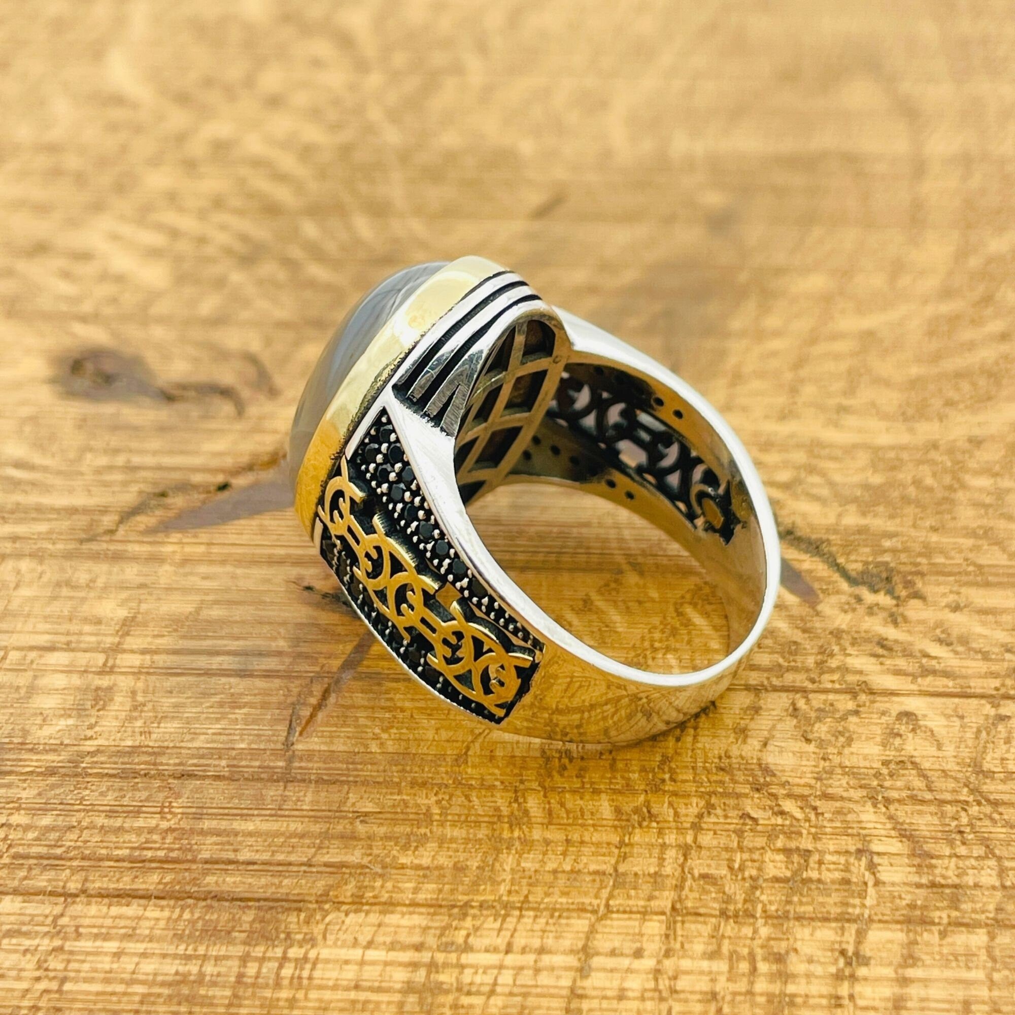 خاتم خاتم رجالي تركي مصنوع يدويًا من الفضة الإسترلينية 925 مع حجر عقيق بني