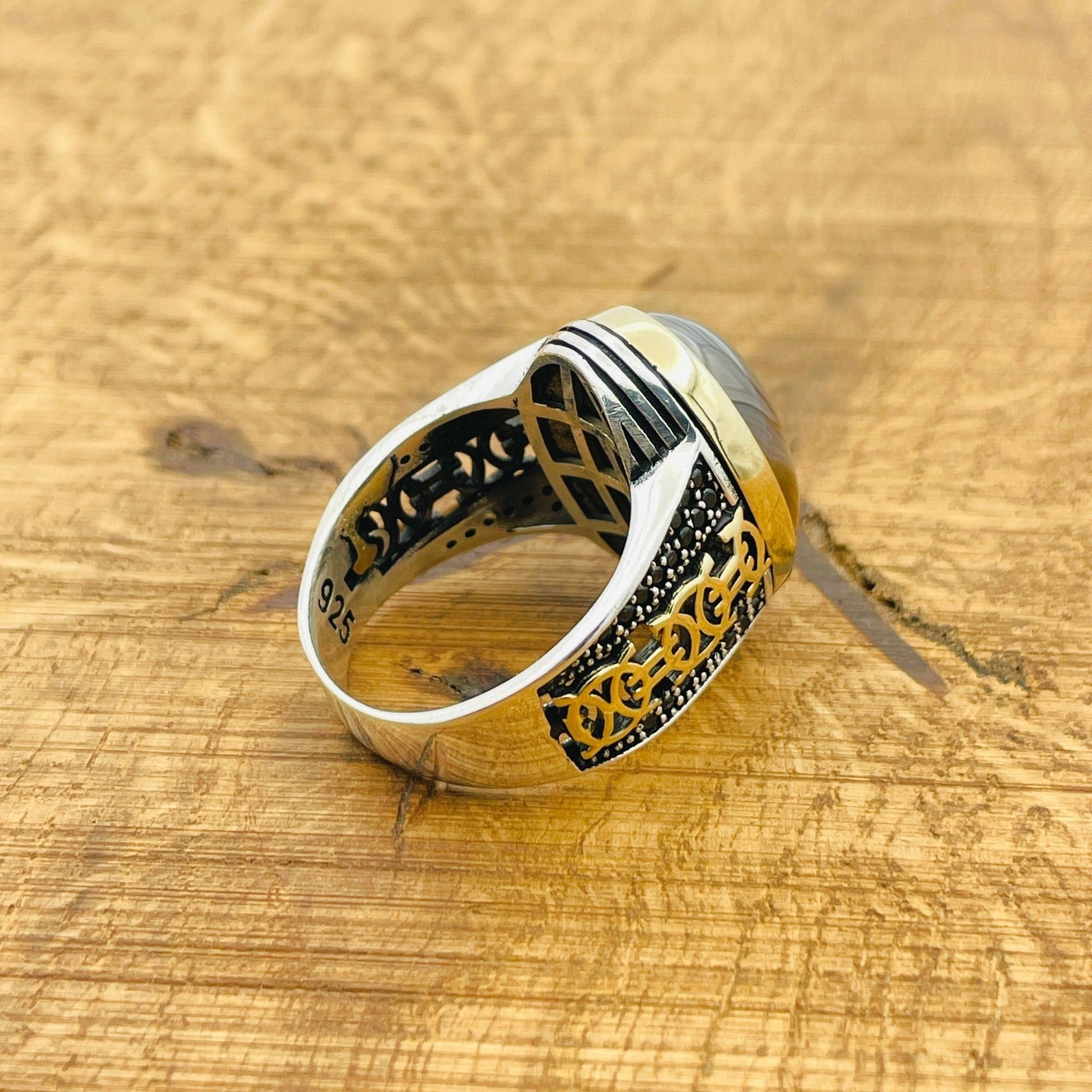 خاتم خاتم رجالي تركي مصنوع يدويًا من الفضة الإسترلينية 925 مع حجر عقيق بني