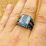 Men's Turkish Handmade Mystic Topaz Ring - 925 Sterling Silver, Multicolor Gemstone