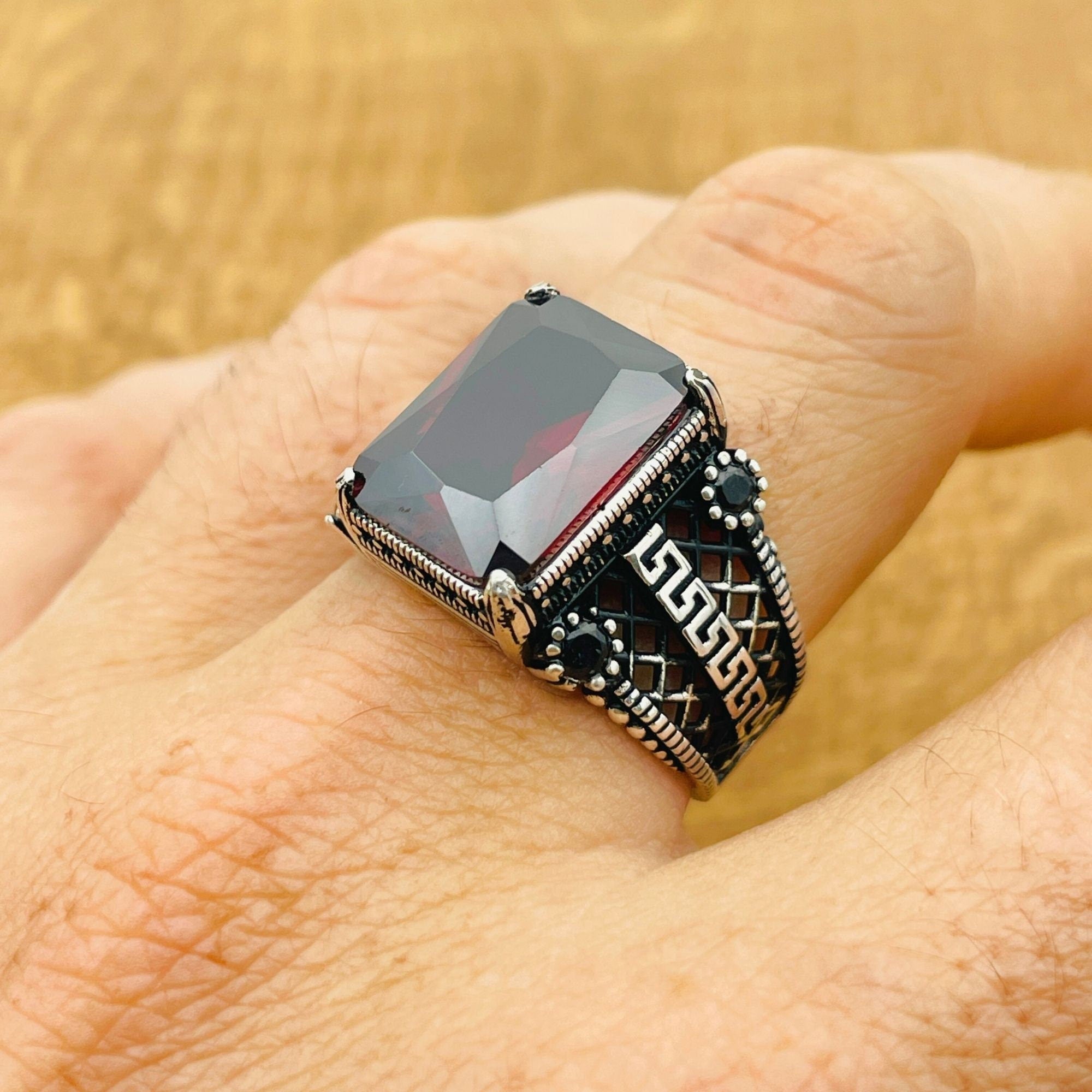 Artisan Men's Square Ruby Ring | Handcrafted 925 Sterling Silver with Turkish Flair