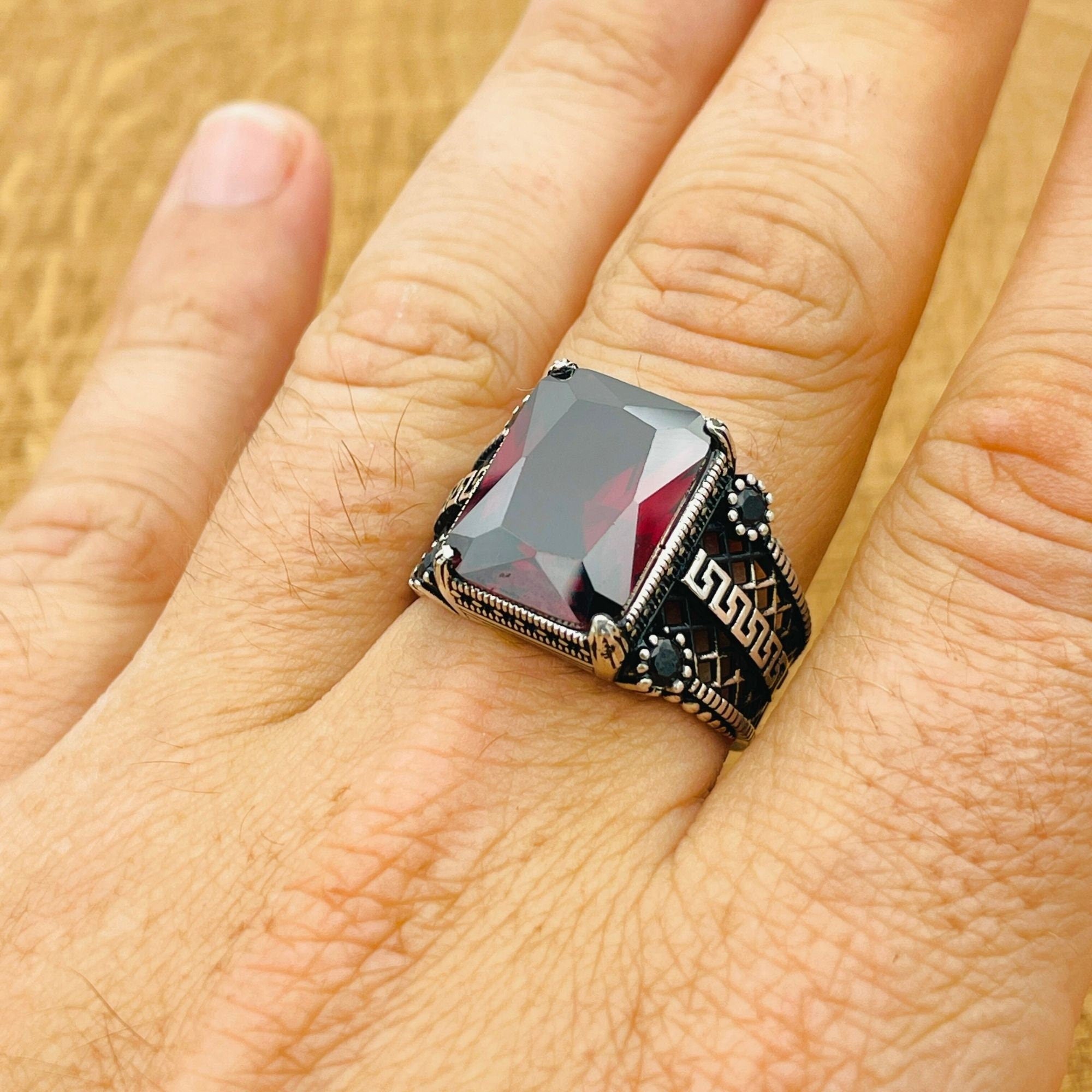 Artisan Men's Square Ruby Ring | Handcrafted 925 Sterling Silver with Turkish Flair