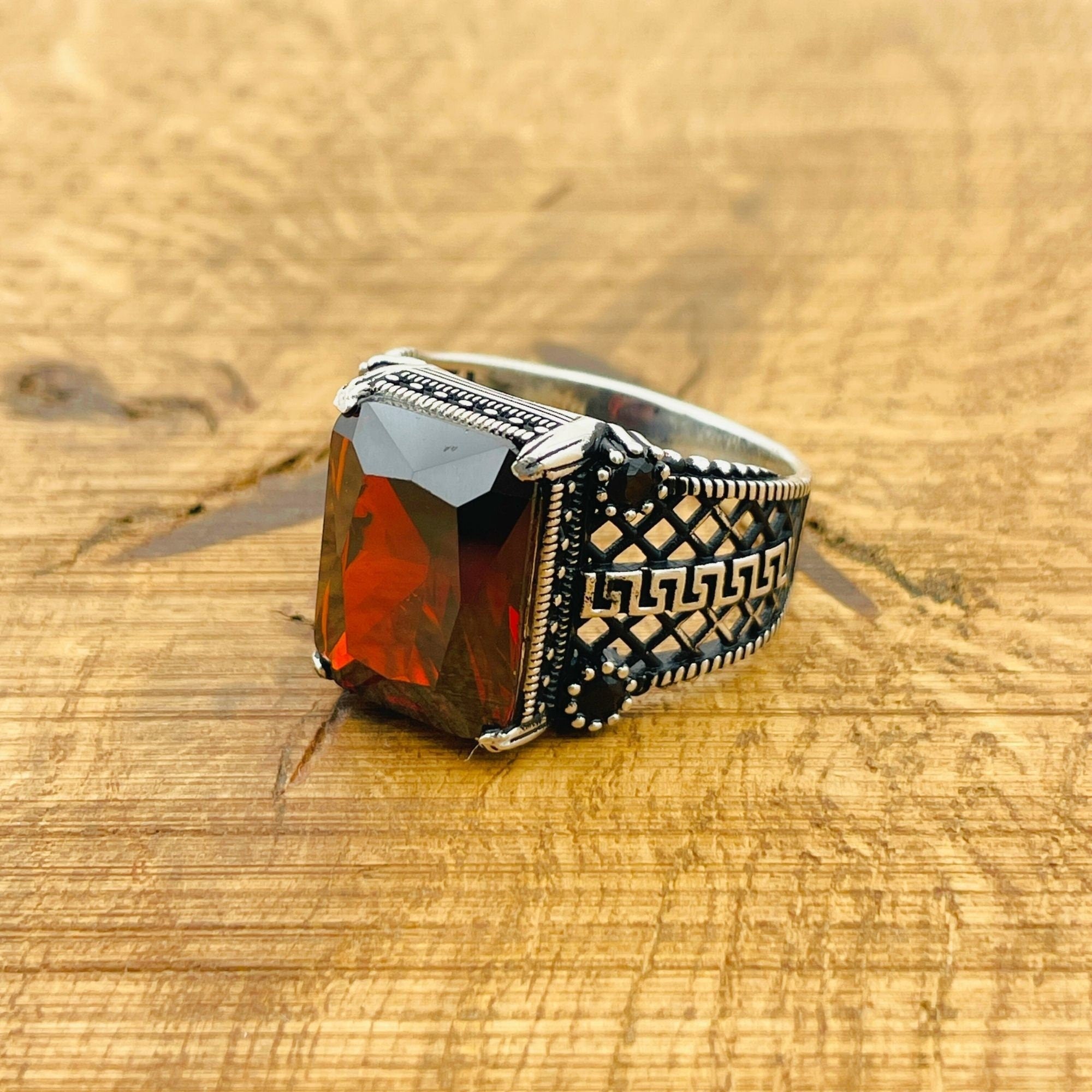 Artisan Men's Square Ruby Ring | Handcrafted 925 Sterling Silver with Turkish Flair
