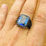 Men's Turkish Handmade Tanzanite Ring | 925 Sterling Silver | Square Blue Gemstone