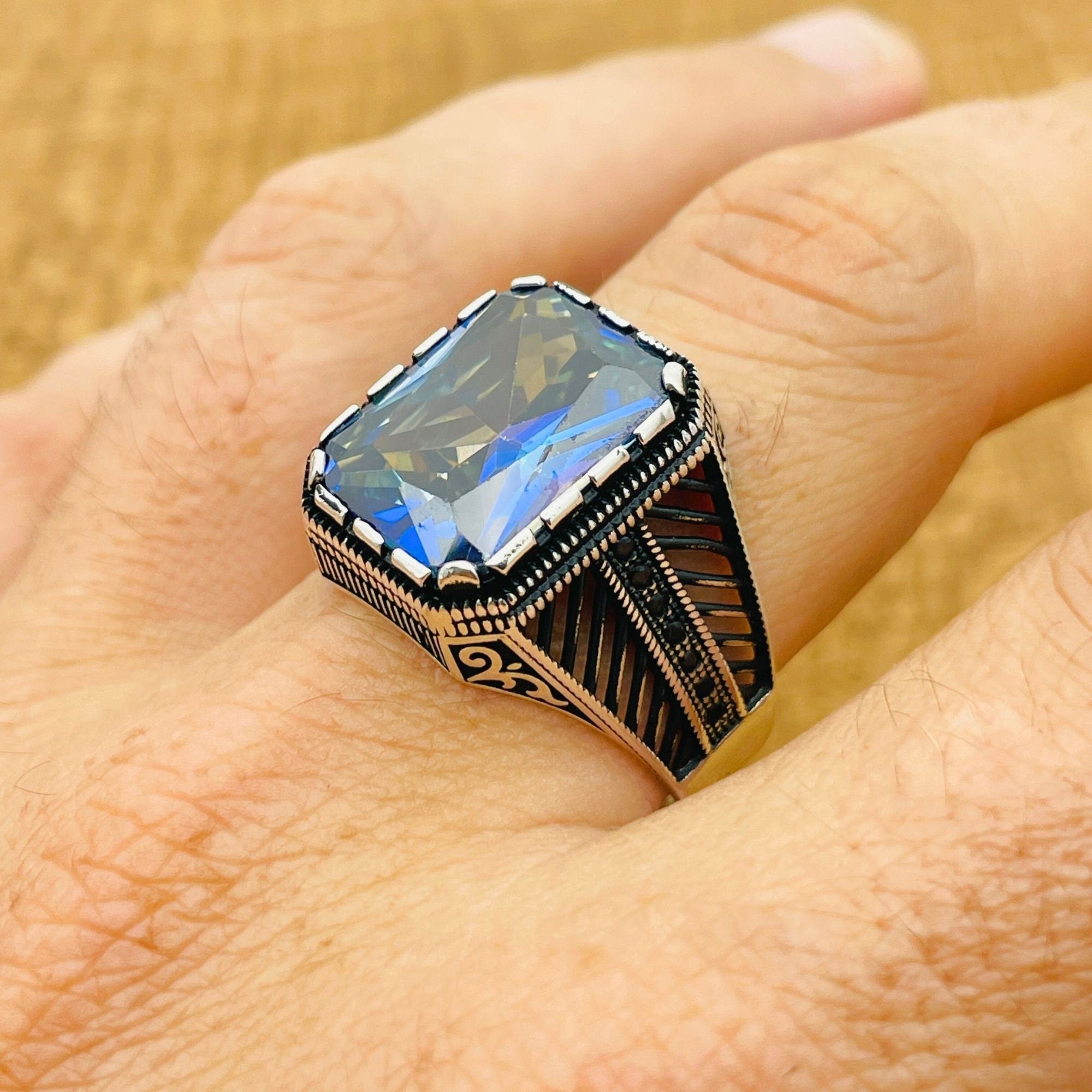 Men's Turkish Handmade Tanzanite Ring | 925 Sterling Silver | Square Blue Gemstone