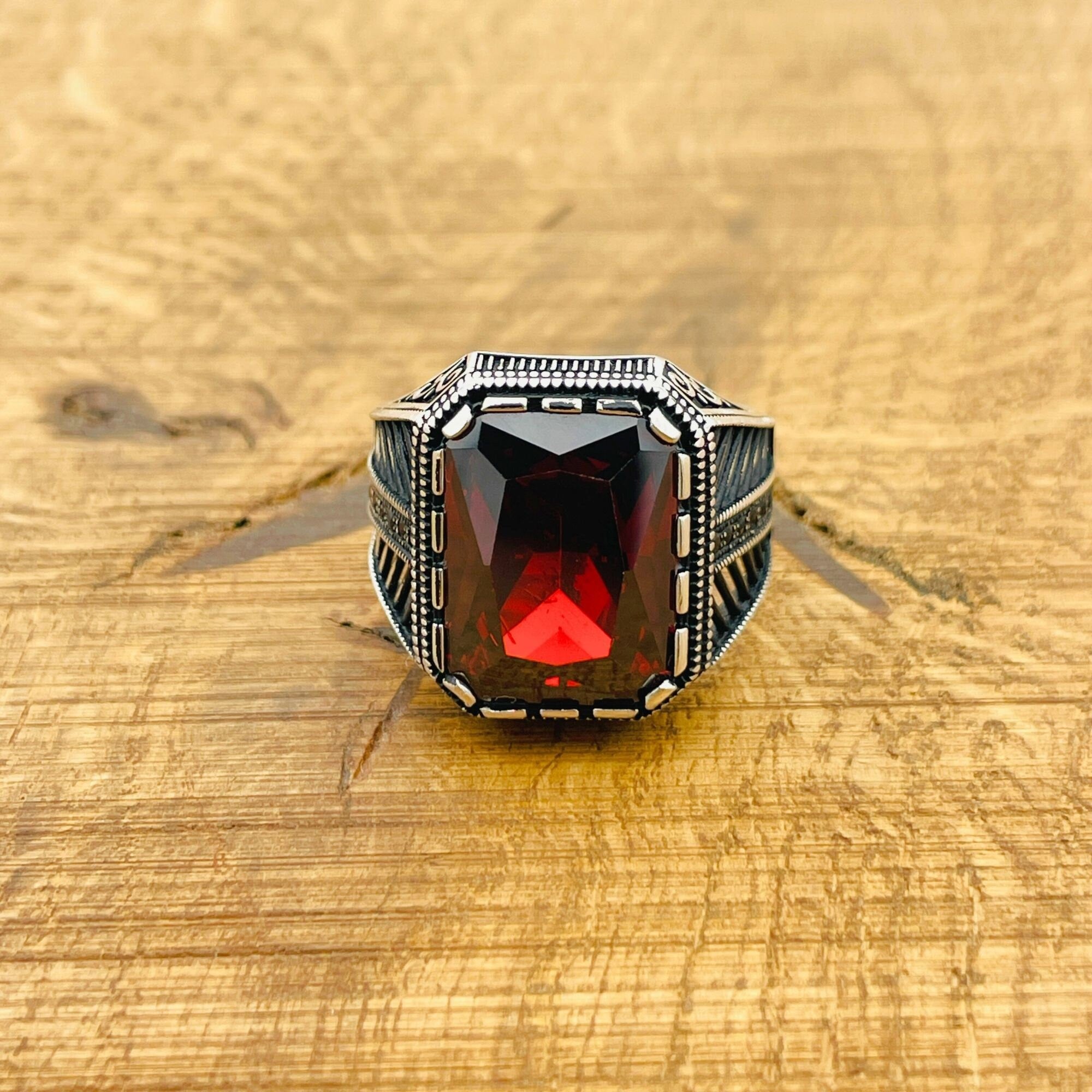 Luxury Men's Ruby Stone Ring - 925 Sterling Silver & Turkish Artisan Craftsmanship