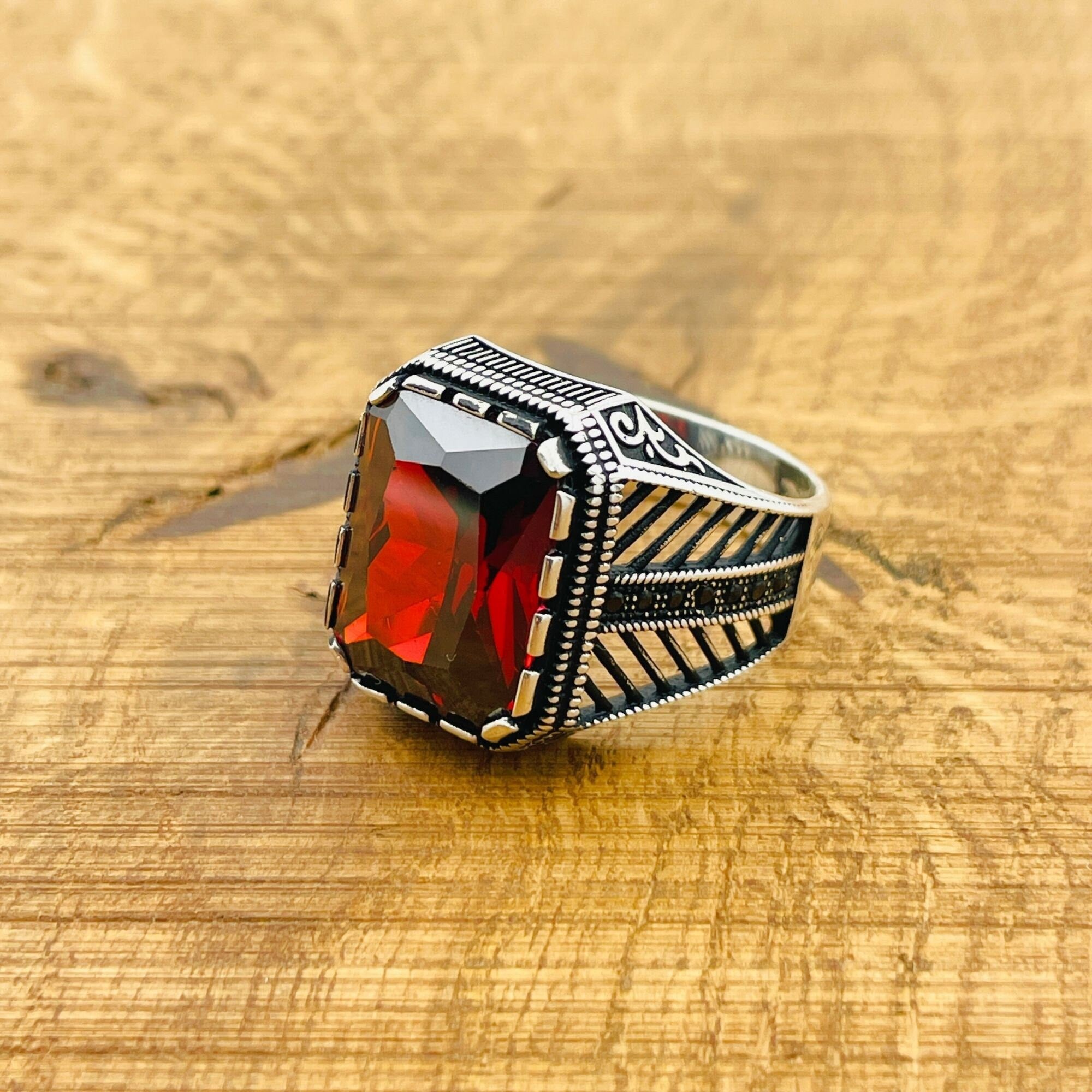 Luxury Men's Ruby Stone Ring - 925 Sterling Silver & Turkish Artisan Craftsmanship