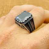 Handcrafted Men's Ottoman Style Black Zircon 925 Sterling Silver Ring