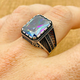 Men's Handcrafted Ottoman Style Mystic Topaz 925 Sterling Silver Ring - Unique Artisan Gift