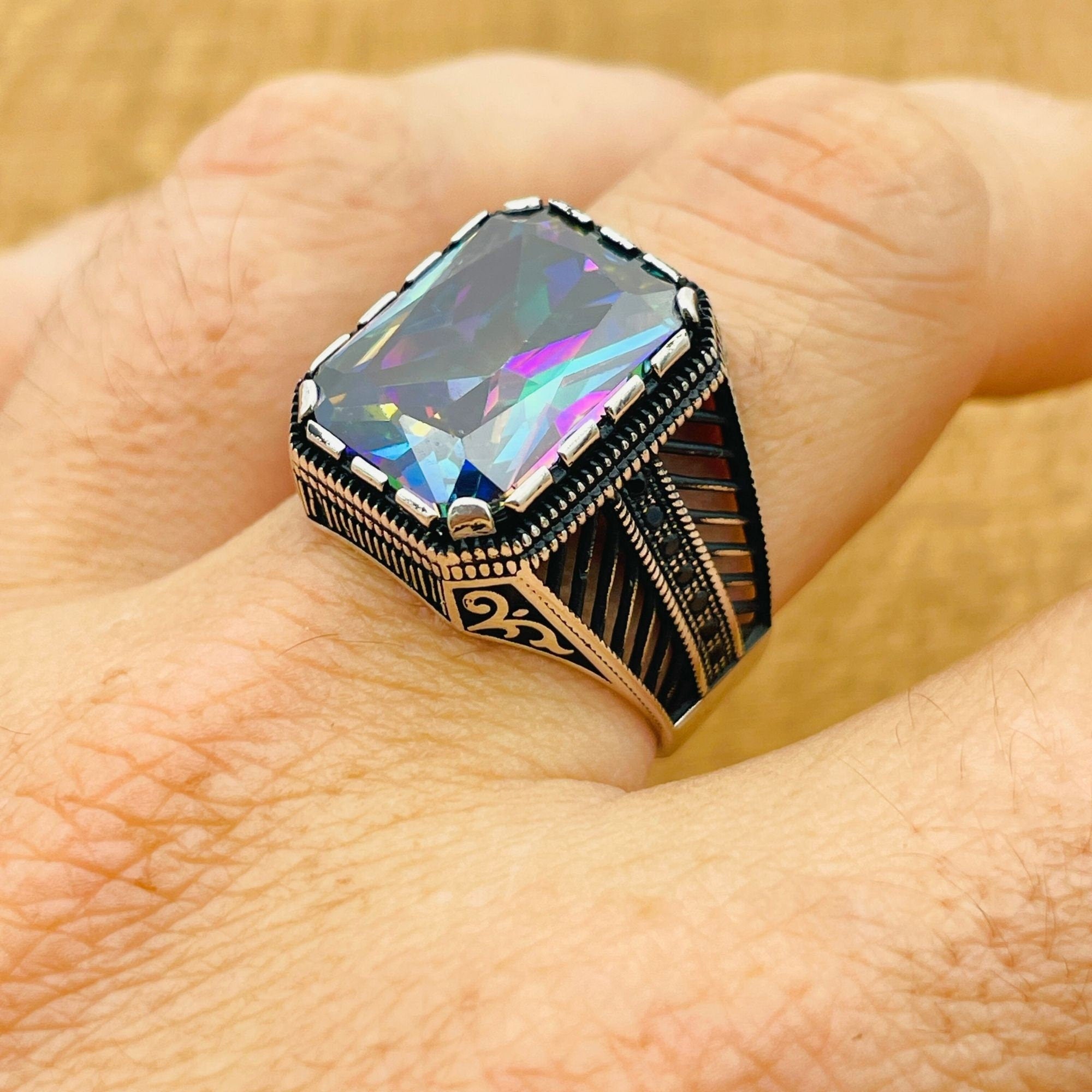 Men's Handcrafted Ottoman Style Mystic Topaz 925 Sterling Silver Ring - Unique Artisan Gift