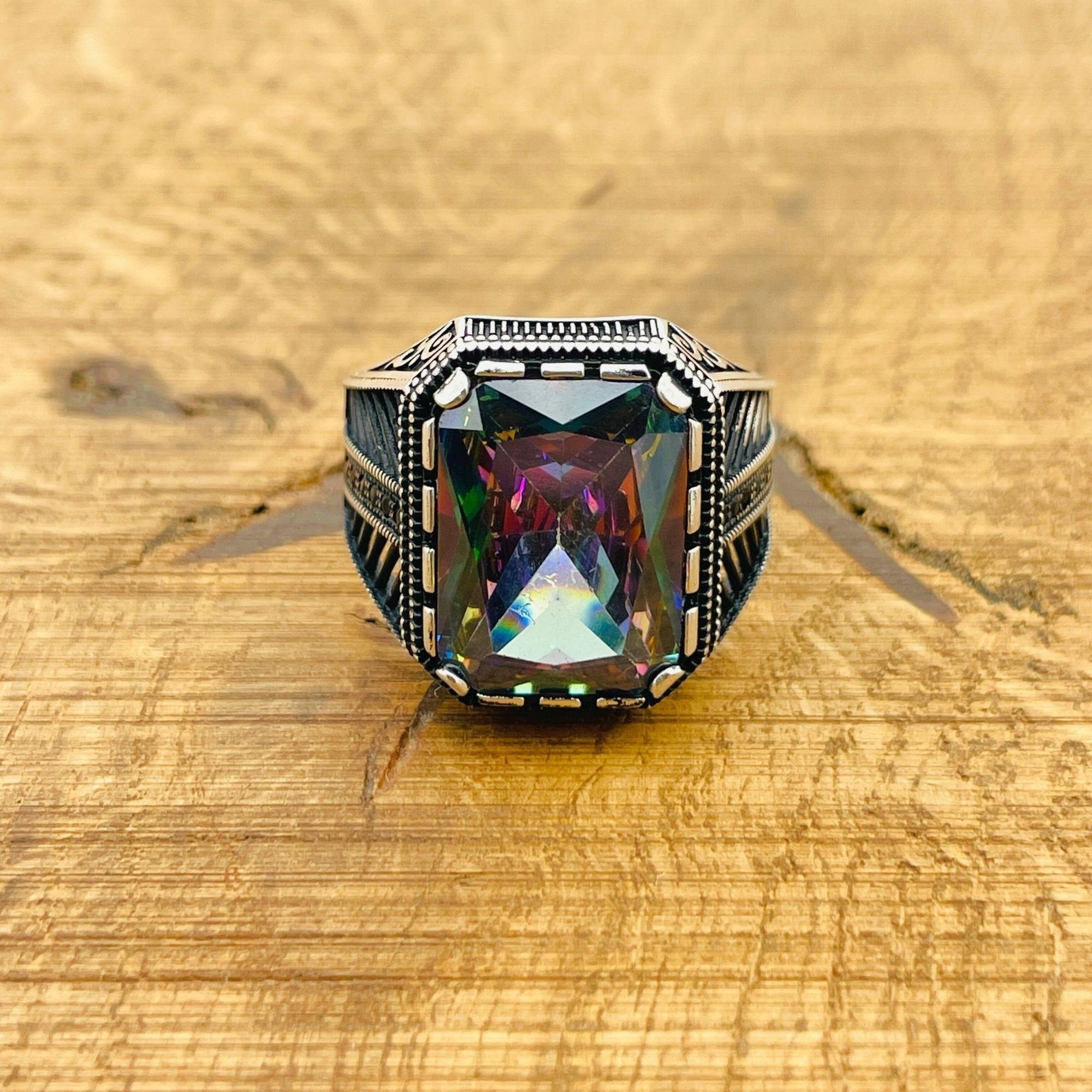 Men's Handcrafted Ottoman Style Mystic Topaz 925 Sterling Silver Ring - Unique Artisan Gift