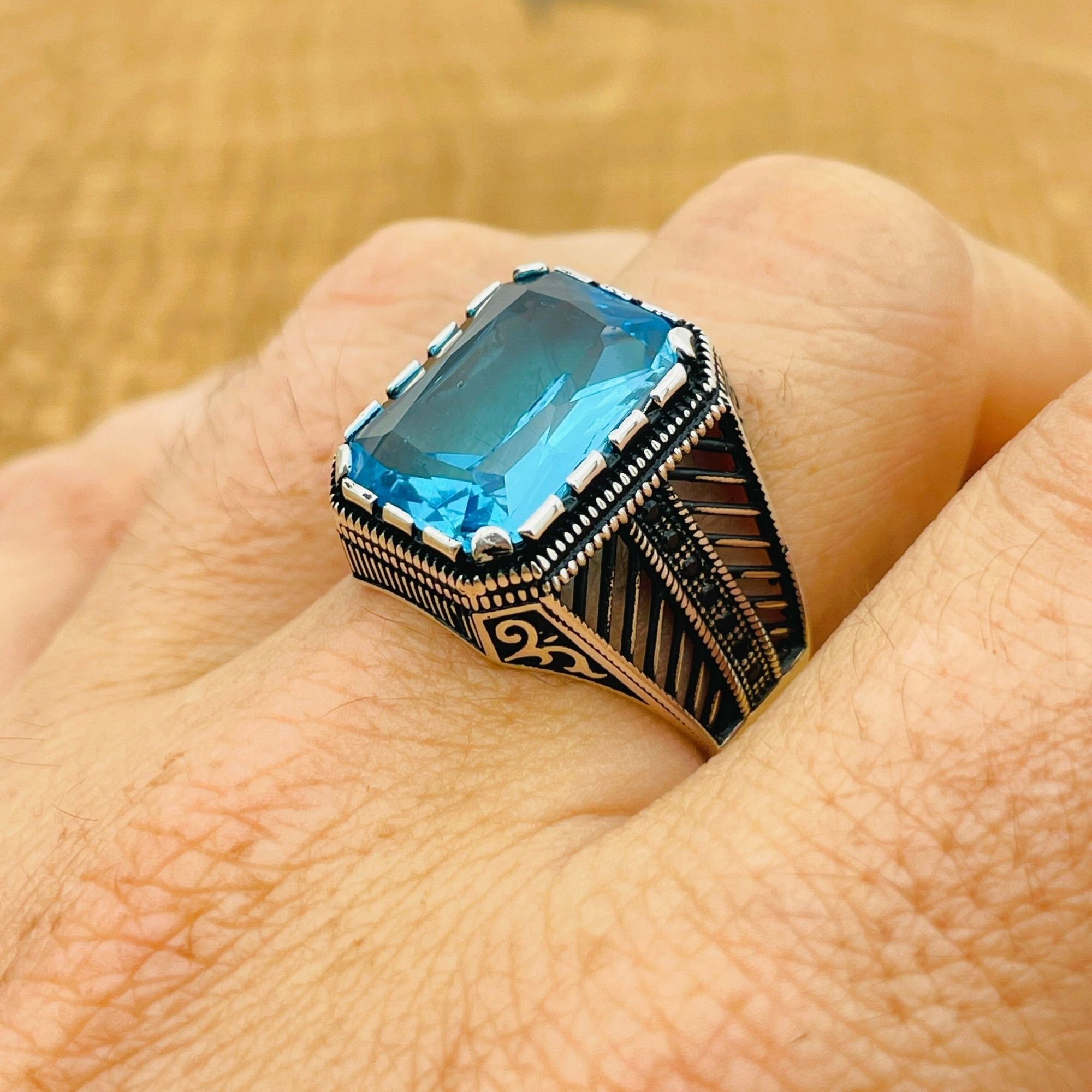 Handcrafted 925 Sterling Silver Men's Aquamarine Square Ring - Authentic Turkish Artisan Jewelry