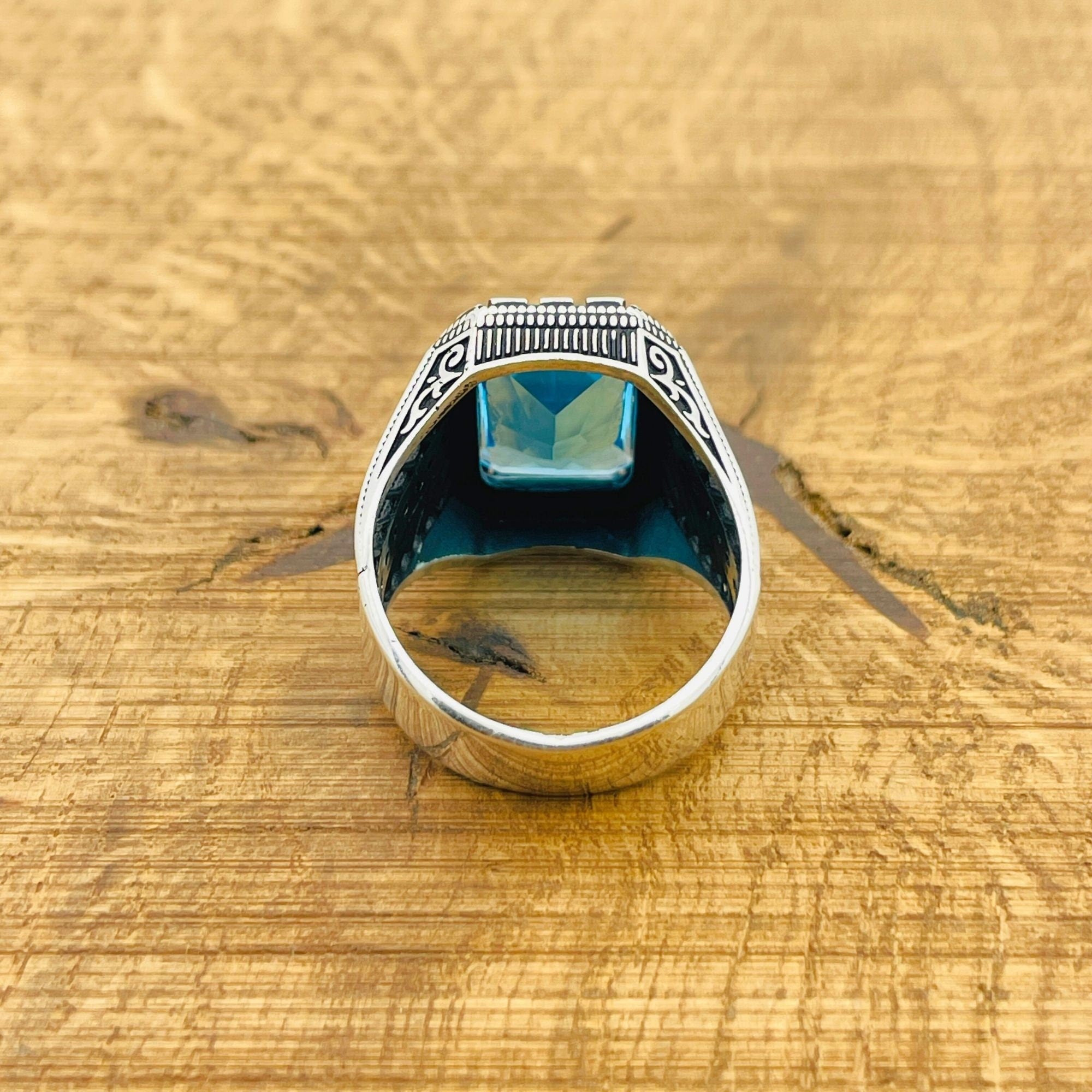 Handcrafted 925 Sterling Silver Men's Aquamarine Square Ring - Authentic Turkish Artisan Jewelry
