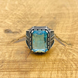 Handcrafted 925 Sterling Silver Men's Aquamarine Square Ring - Authentic Turkish Artisan Jewelry