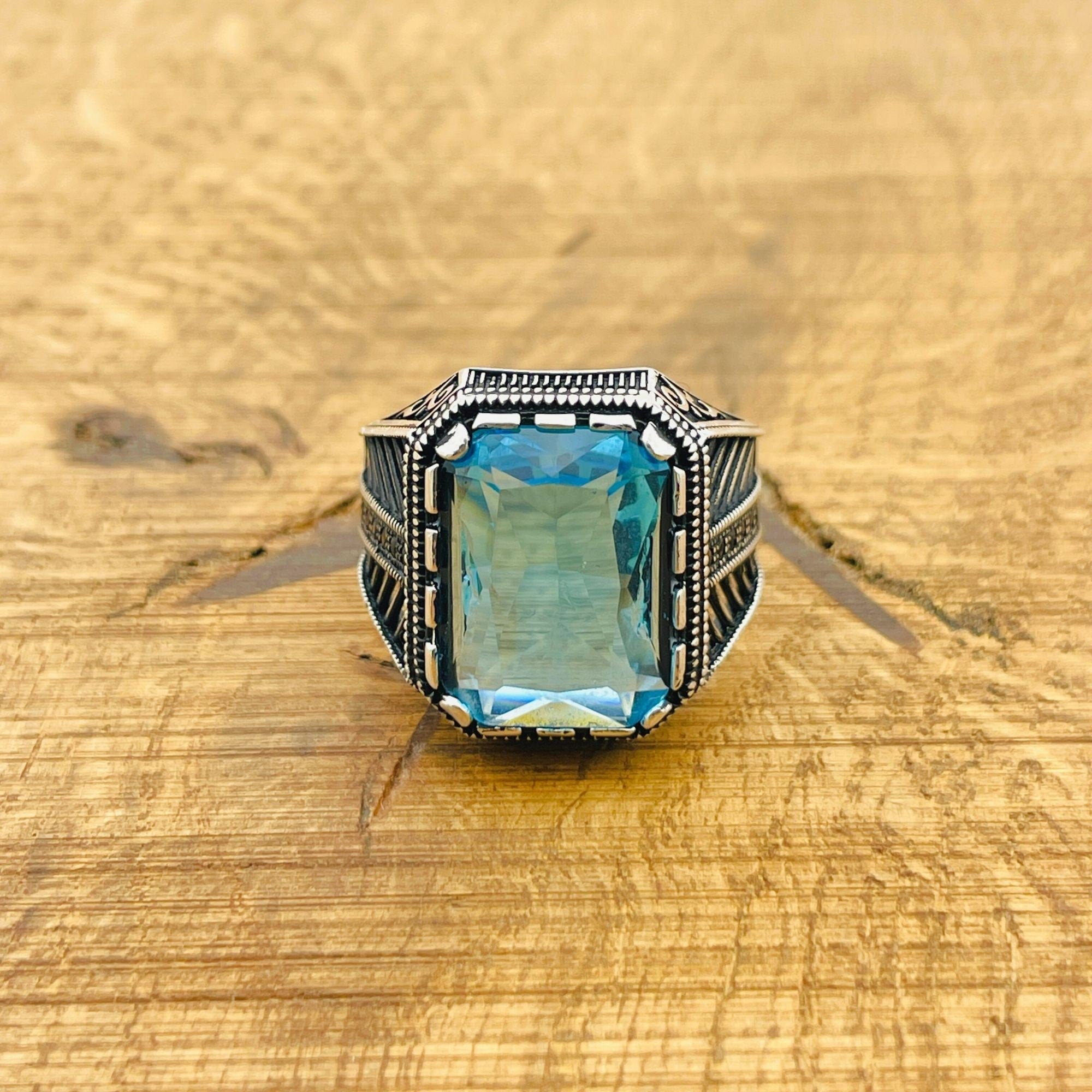 Handcrafted 925 Sterling Silver Men's Aquamarine Square Ring - Authentic Turkish Artisan Jewelry