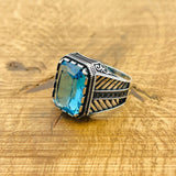 Handcrafted 925 Sterling Silver Men's Aquamarine Square Ring - Authentic Turkish Artisan Jewelry
