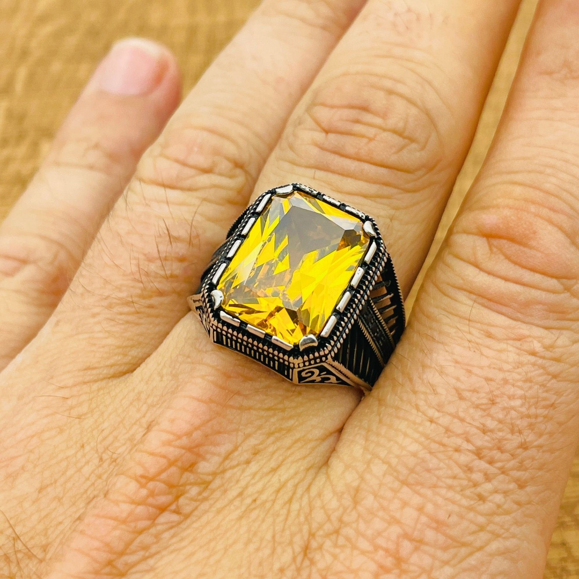 Men's Handmade Ottoman Style Citrine Silver Ring | 925 Sterling Square Stone Jewelry