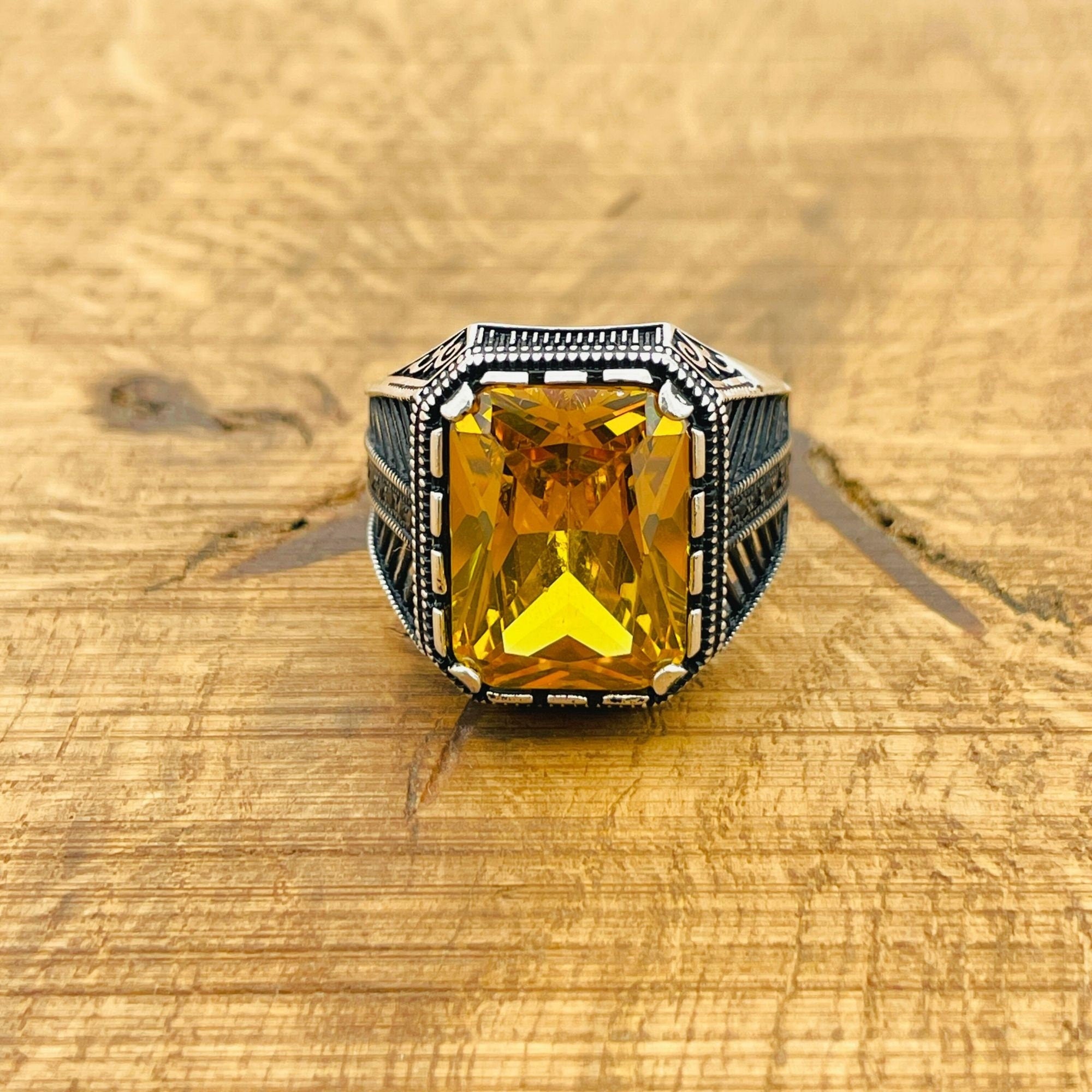 Men's Handmade Ottoman Style Citrine Silver Ring | 925 Sterling Square Stone Jewelry