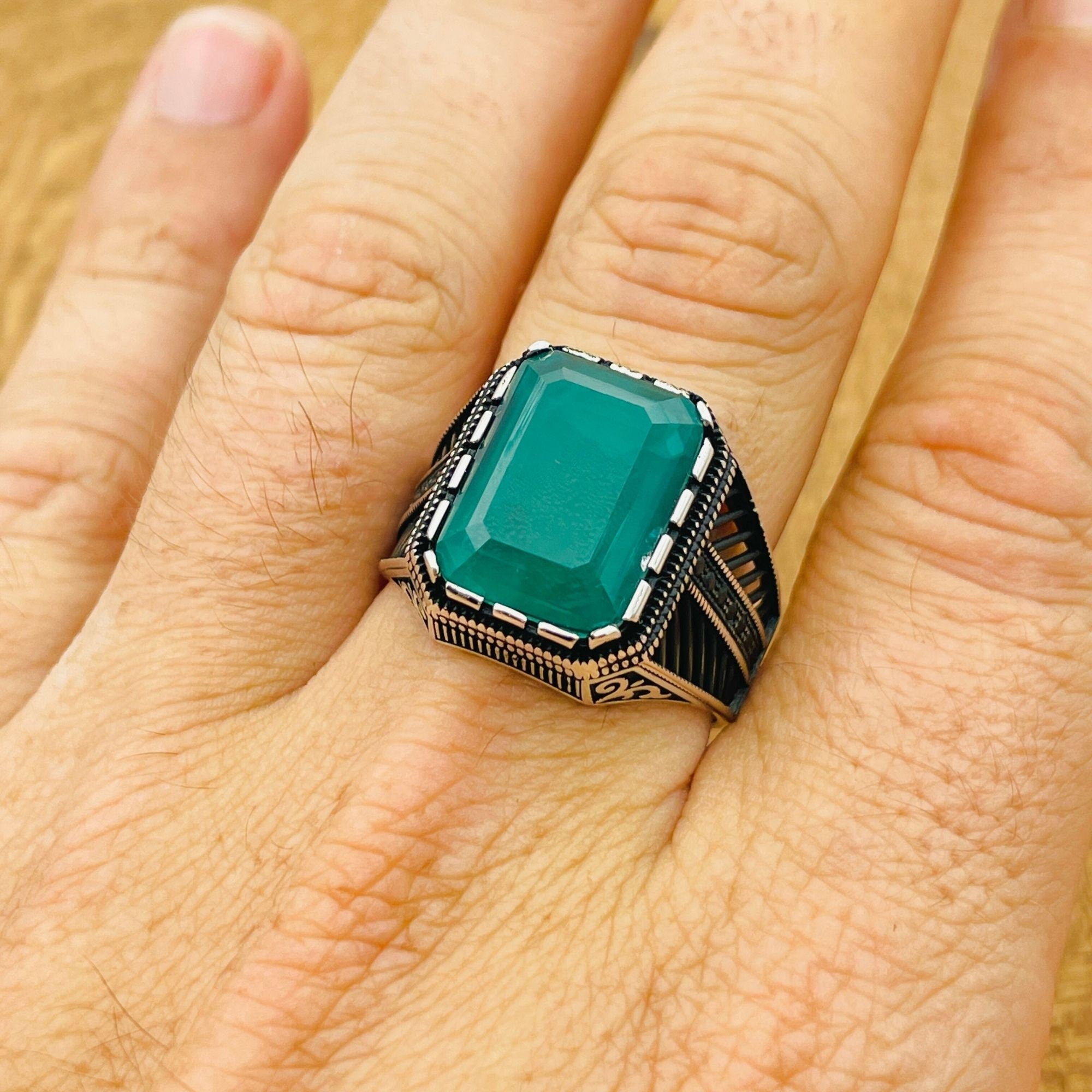 Men's Handmade 925 Sterling Silver Ring with Green Paraiba Stone | Ottoman Inspired Design