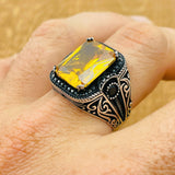 Handmade Ottoman Design Men's 925 Sterling Silver Ring with Yellow Square Citrine - Elegant Gift