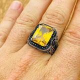 Handmade Ottoman Design Men's 925 Sterling Silver Ring with Yellow Square Citrine - Elegant Gift