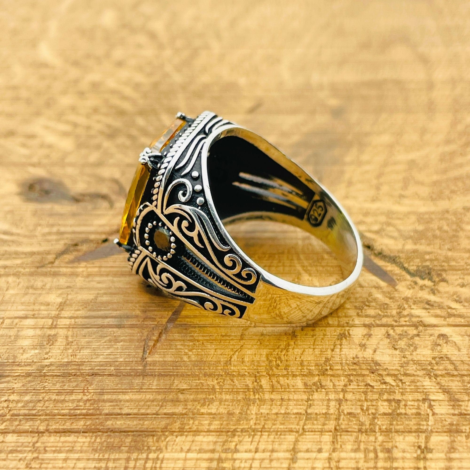 Handmade Ottoman Design Men's 925 Sterling Silver Ring with Yellow Square Citrine - Elegant Gift