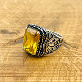 Men's Handmade Sterling Silver Citrine Ring | Square Gemstone Turkish Artisan Jewelry