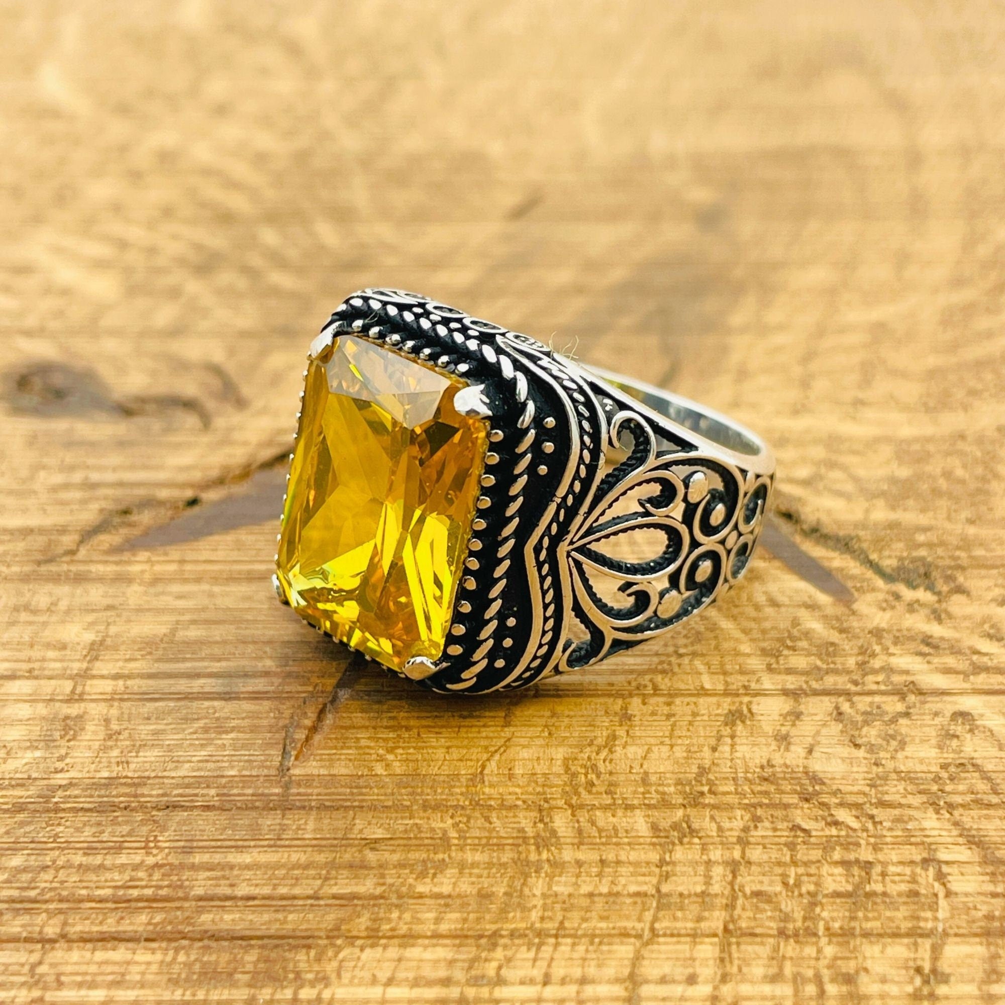 Men's Handmade Sterling Silver Citrine Ring | Square Gemstone Turkish Artisan Jewelry