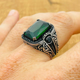 Turkish Handmade Men's 925 Sterling Silver Ring with Square Emerald Gemstone