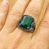 Turkish Handmade Men's 925 Sterling Silver Ring with Square Emerald Gemstone