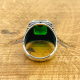 Turkish Handmade Men's 925 Sterling Silver Ring with Square Emerald Gemstone