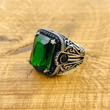 Turkish Handmade Men's 925 Sterling Silver Ring with Square Emerald Gemstone